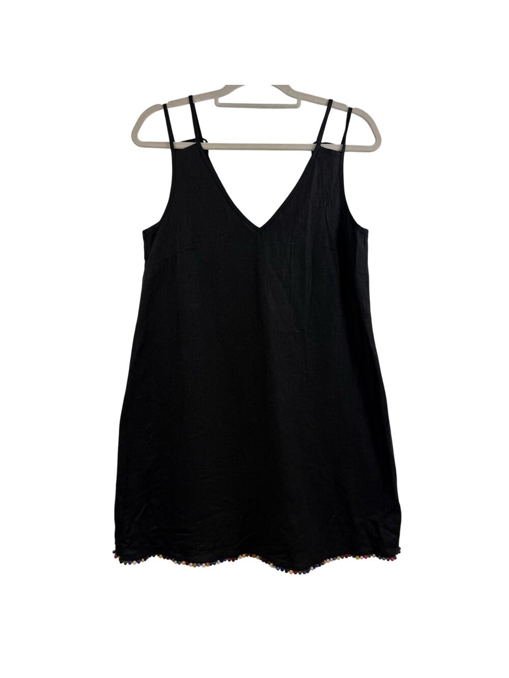 NWT BCBGeneration Black Pom Pom Hem Mini Dress Small Shift Linen Blend Beach